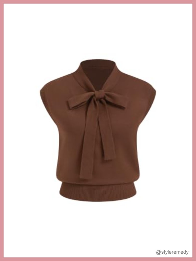 Sweater Vest Women Bow Tie Cap Sleeve Cropped Knit